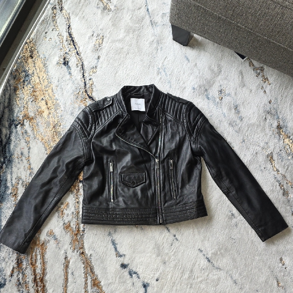 Mango Genuine Leather Jacket in Black